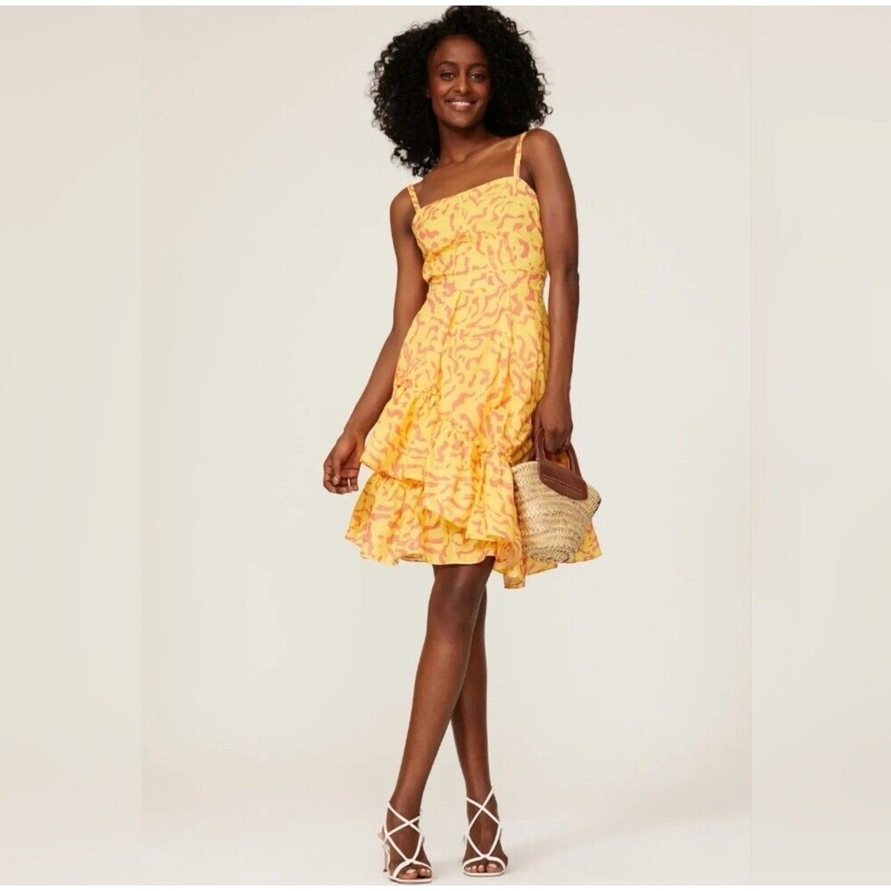 DEREK LAM COLLECTIVE Women’s Dress Size 50 US L/XL Yellow Scribble Ruffle Asymm